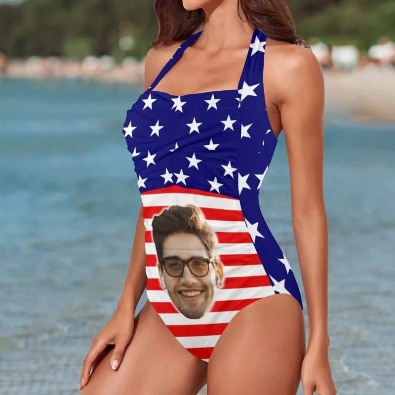Custom Face American Flag Style Women's Ruched Push Up Halter Swimsuit Personalized One Piece Bathing Suits