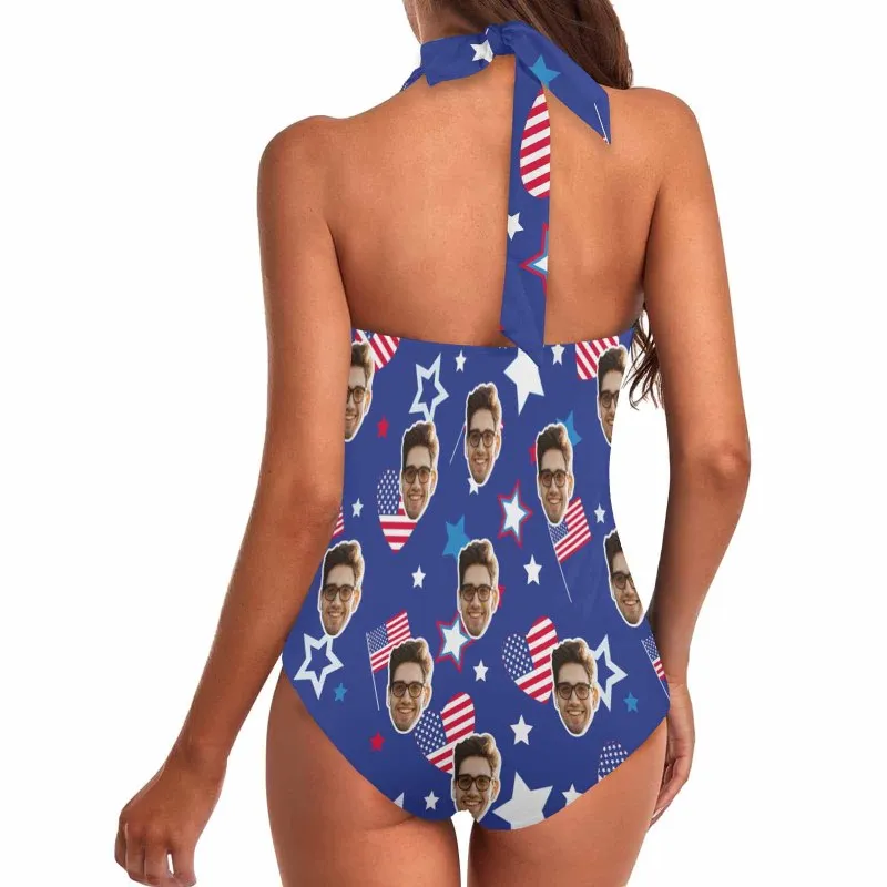Custom Face American Flag Style Women's Ruched Push Up Halter Swimsuit Personalized One Piece Bathing Suits