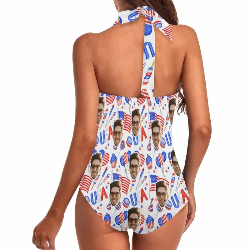 Custom Face American Flag Style Women's Ruched Push Up Halter Swimsuit Personalized One Piece Bathing Suits