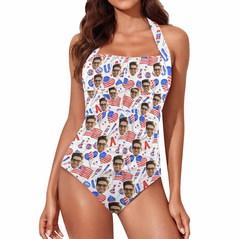 Custom Face American Flag Style Women's Ruched Push Up Halter Swimsuit Personalized One Piece Bathing Suits