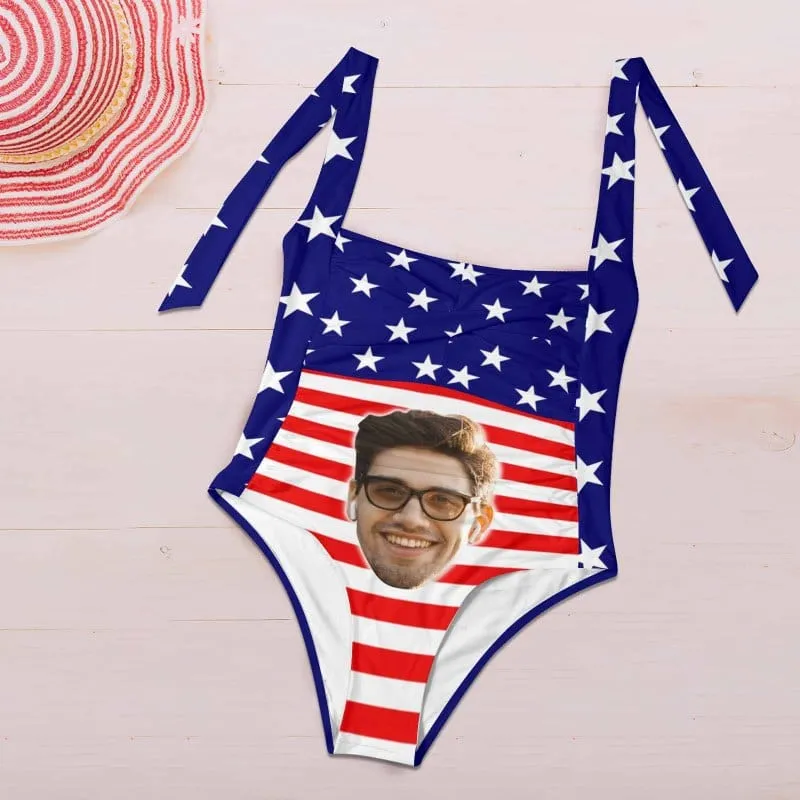 Custom Face American Flag Style Women's Ruched Push Up Halter Swimsuit Personalized One Piece Bathing Suits