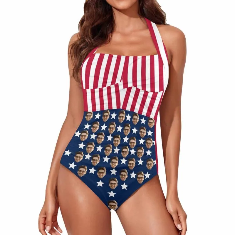Custom Face American Flag Style Women's Ruched Push Up Halter Swimsuit Personalized One Piece Bathing Suits