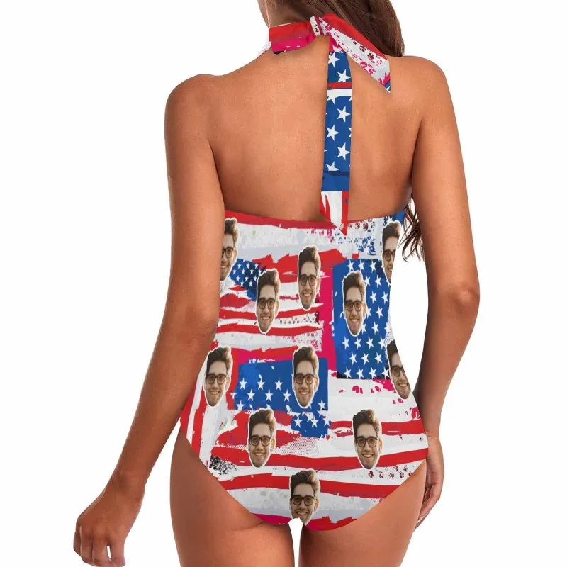 Custom Face American Flag Style Women's Ruched Push Up Halter Swimsuit Personalized One Piece Bathing Suits