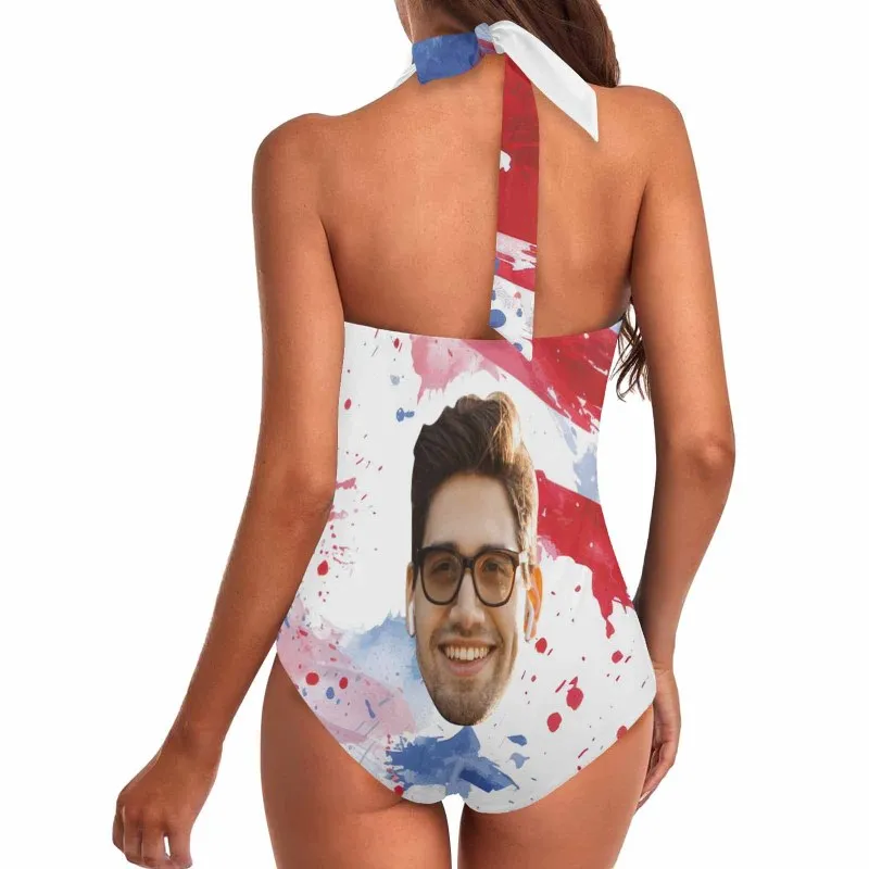 Custom Face American Flag Style Women's Ruched Push Up Halter Swimsuit Personalized One Piece Bathing Suits