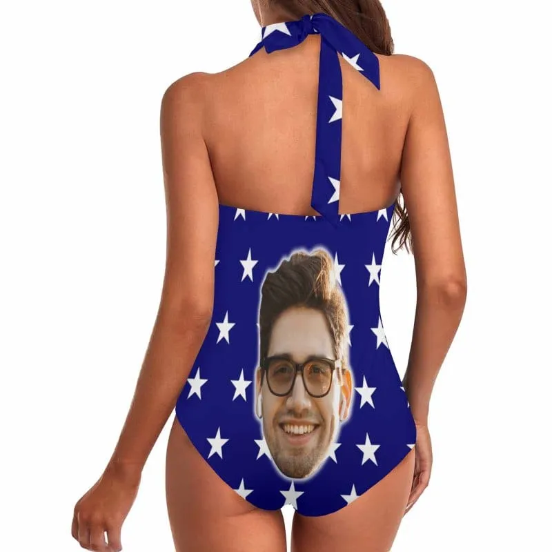 Custom Face American Flag Style Women's Ruched Push Up Halter Swimsuit Personalized One Piece Bathing Suits
