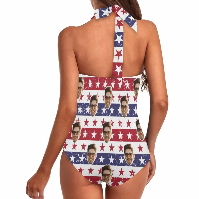 Custom Face American Flag Style Women's Ruched Push Up Halter Swimsuit Personalized One Piece Bathing Suits
