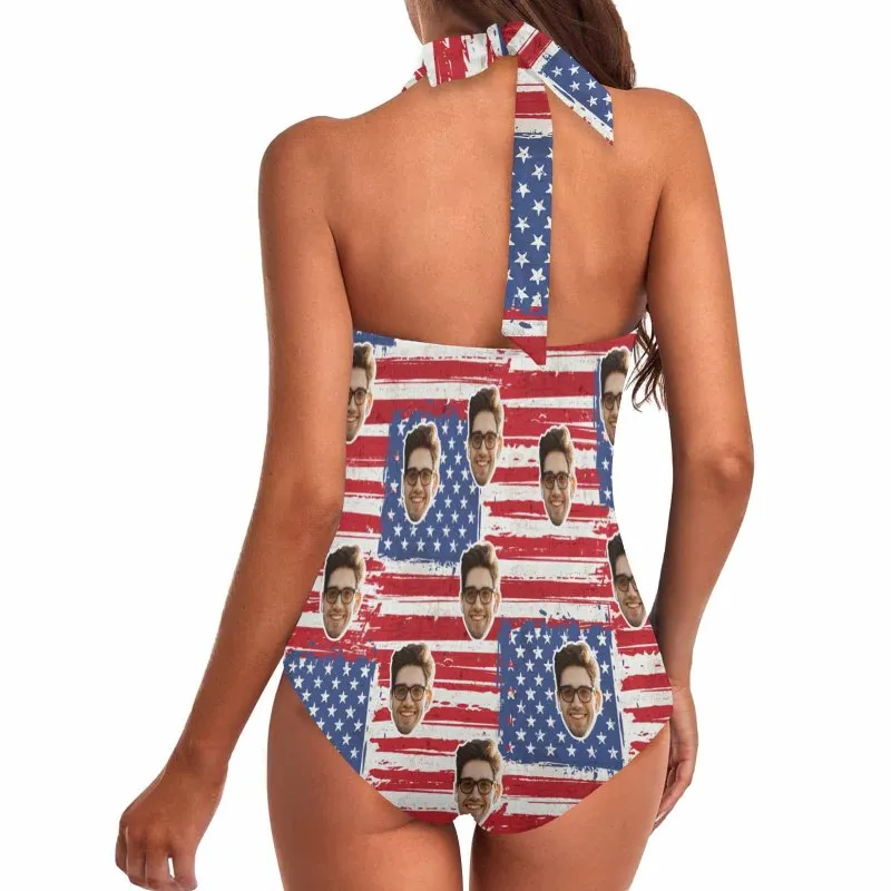 Custom Face American Flag Style Women's Ruched Push Up Halter Swimsuit Personalized One Piece Bathing Suits