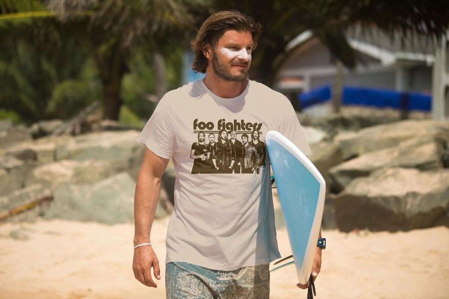 Foo Fighters Band Image Adult Natural Short Sleeve T Shirt Hard Rock Music Vintage Style Graphic Tees