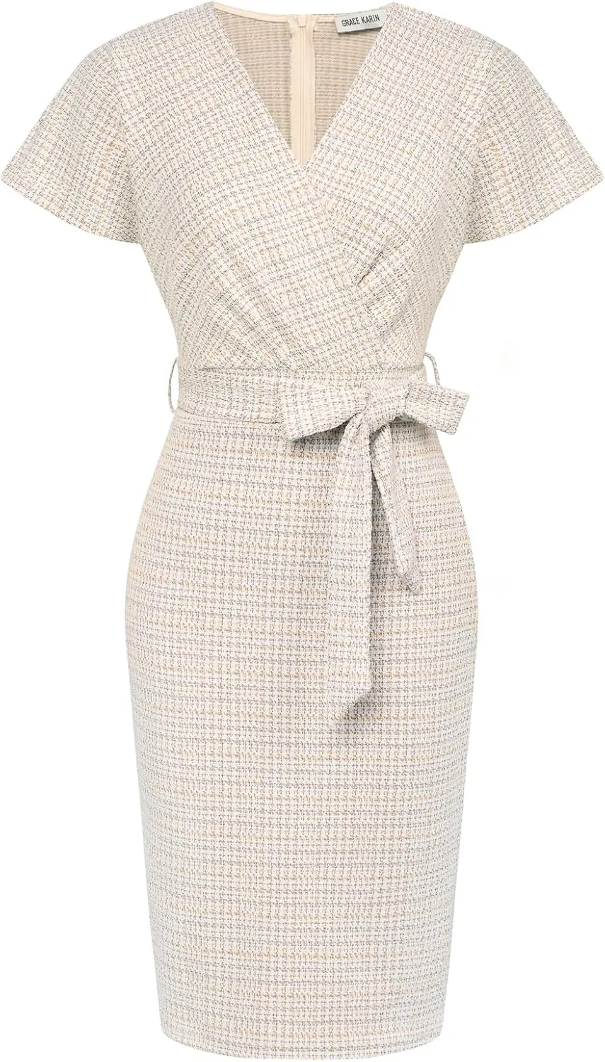 GRACE KARIN Women's Tweed Work Pencil Dress Stretchy Business Office Bodycon Midi Dresses Short Sleeve
