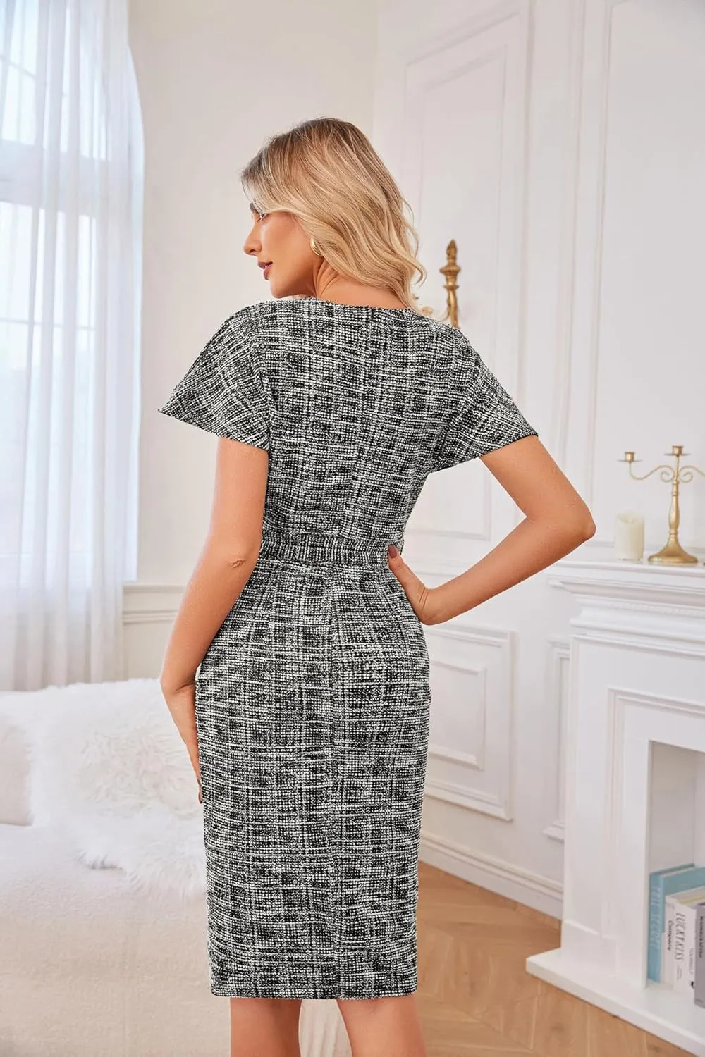 GRACE KARIN Women's Tweed Work Pencil Dress Stretchy Business Office Bodycon Midi Dresses Short Sleeve