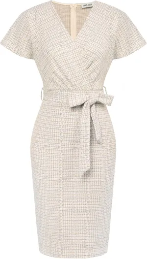 GRACE KARIN Women's Tweed Work Pencil Dress Stretchy Business Office Bodycon Midi Dresses Short Sleeve