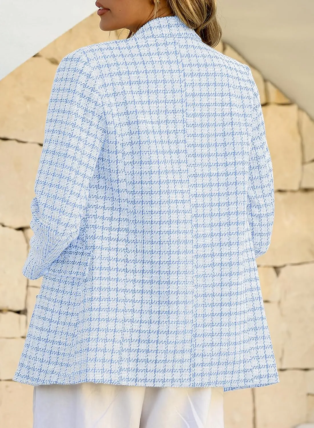 Happy Sailed Womens Plaid Tweed Blazers Dressy Casual Long Sleeve Double Breasted Open Front Blazer Jackets Work Suits
