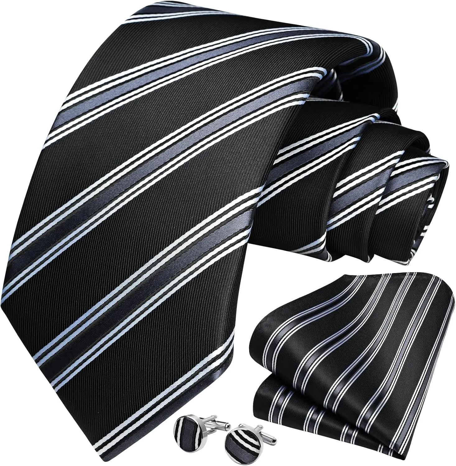 HISDERN Mens Ties Set Stripe Plaid Ties for Men and Pocket Square Cufflinks Formal Silk Necktie Wedding Business