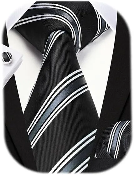 HISDERN Mens Ties Set Stripe Plaid Ties for Men and Pocket Square Cufflinks Formal Silk Necktie Wedding Business