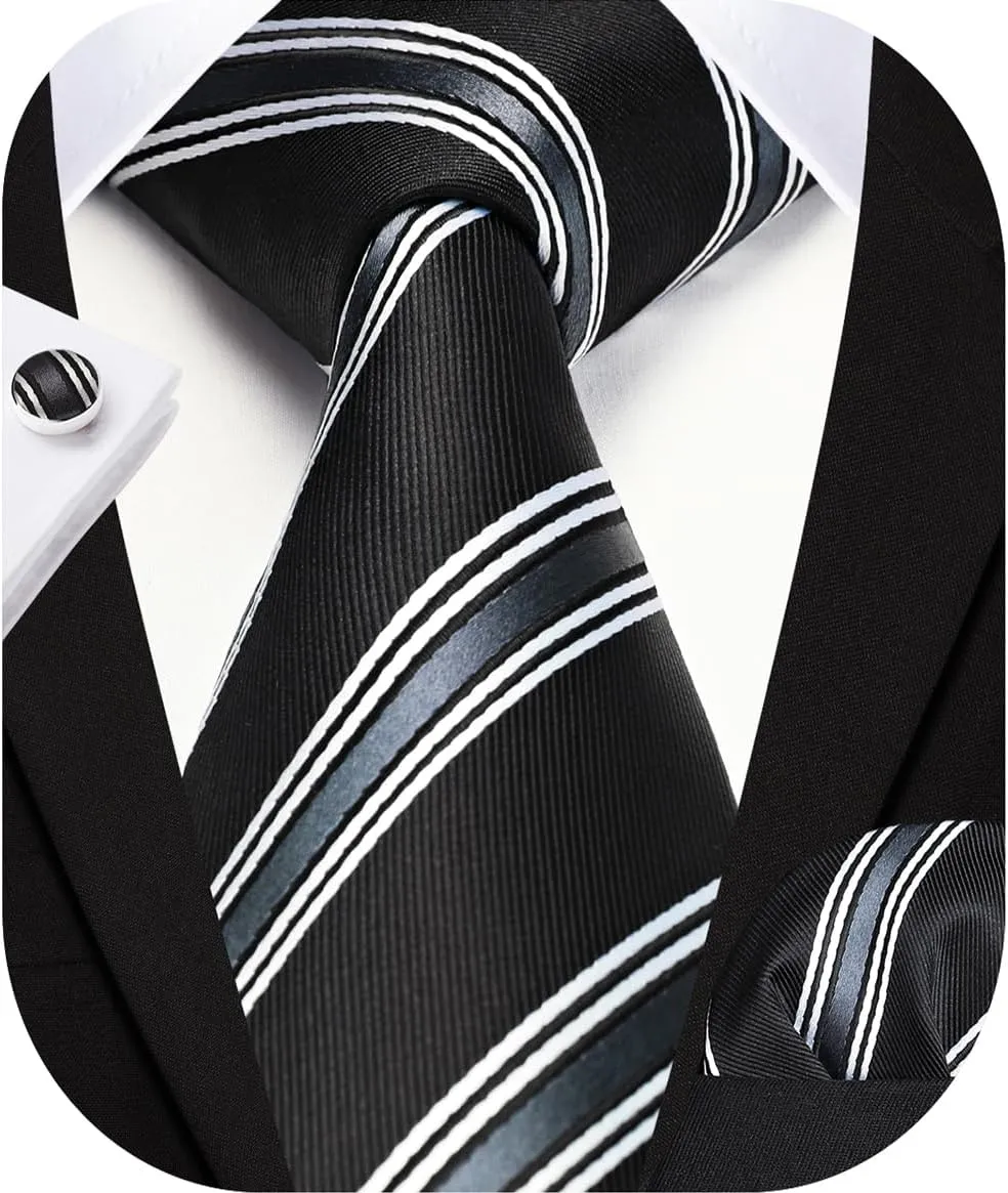 HISDERN Mens Ties Set Stripe Plaid Ties for Men and Pocket Square Cufflinks Formal Silk Necktie Wedding Business