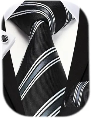 HISDERN Mens Ties Set Stripe Plaid Ties for Men and Pocket Square Cufflinks Formal Silk Necktie Wedding Business