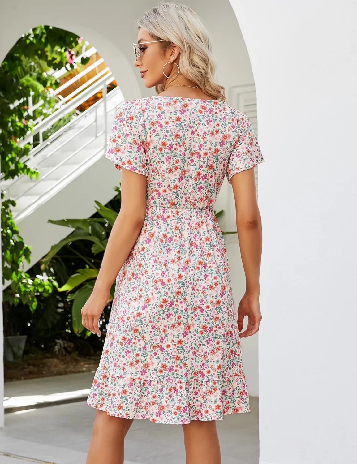 KOJOOIN Women's Maternity Smocked Short Sleeve Summer Dress V Neck Boho Ruffle Casual Swing Midi Dress Baby Shower Photoshoot