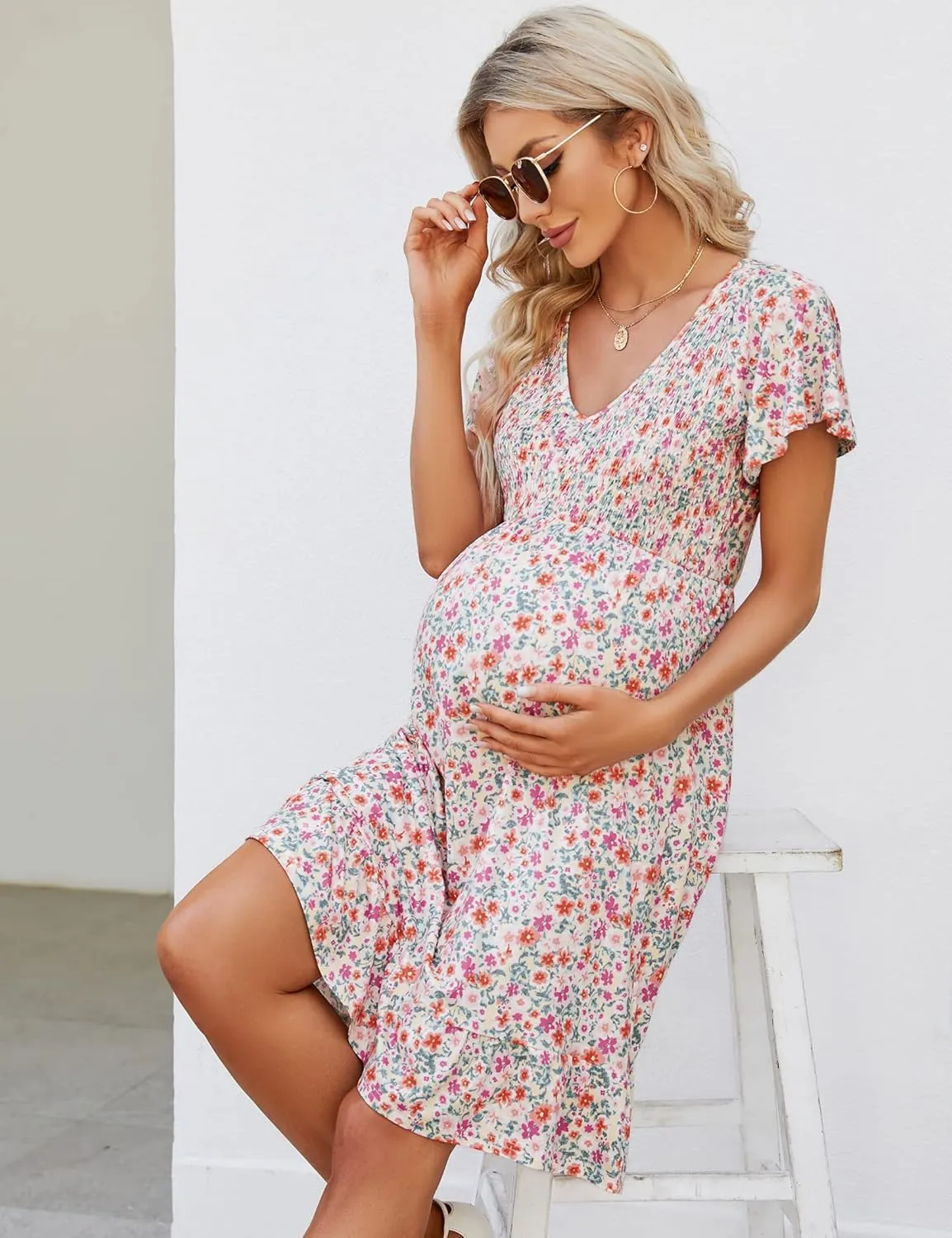 KOJOOIN Women's Maternity Smocked Short Sleeve Summer Dress V Neck Boho Ruffle Casual Swing Midi Dress Baby Shower Photoshoot