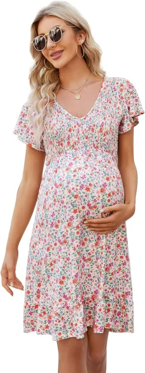KOJOOIN Women's Maternity Smocked Short Sleeve Summer Dress V Neck Boho Ruffle Casual Swing Midi Dress Baby Shower Photoshoot