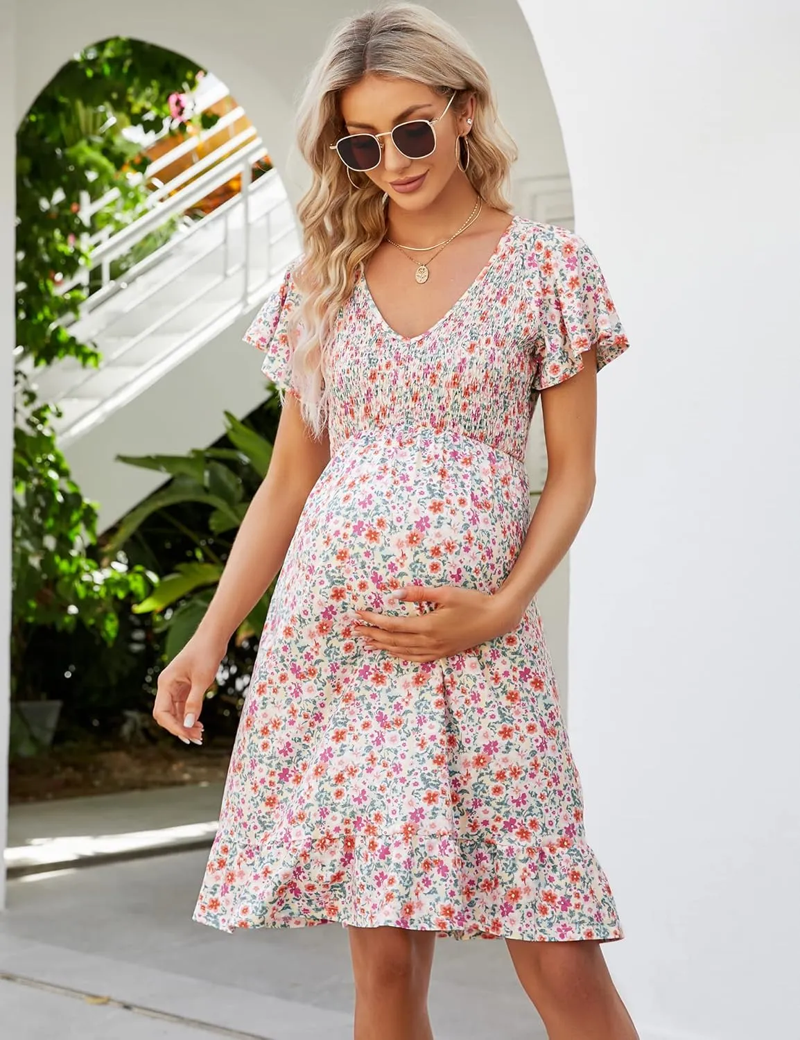 KOJOOIN Women's Maternity Smocked Short Sleeve Summer Dress V Neck Boho Ruffle Casual Swing Midi Dress Baby Shower Photoshoot
