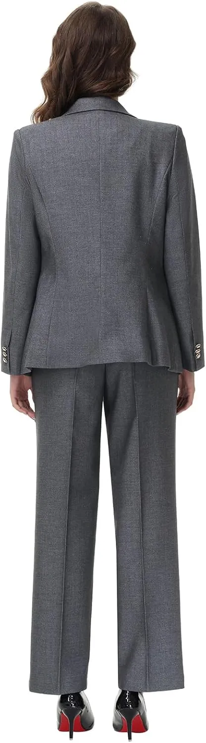 Lamgool Women's Suits 2 Piece Set Business Double Breasted Pinstripe Pant Suit Slim Fit Dressy Casual Outfits