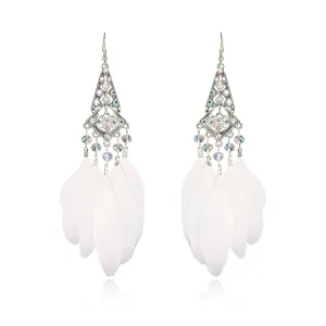 Long Feather Beaded Tassel Earrings for Women Bohemian Vintage Silver Flower Drop Earrings Multicolor Crystal Feather Earrings Lightweight American Indian Feather Jewelry Gift (White)