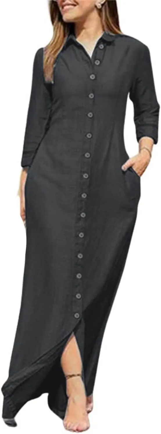 Long Sleeve Cotton Linen Maxi Shirt Dress for Women Loose Casual Lapel Collar Button Up Flowy Long Dress with Pockets