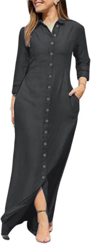 Long Sleeve Cotton Linen Maxi Shirt Dress for Women Loose Casual Lapel Collar Button Up Flowy Long Dress with Pockets