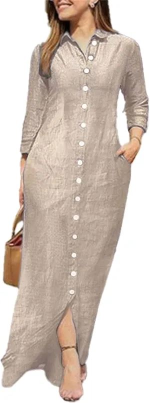 Long Sleeve Cotton Linen Maxi Shirt Dress for Women Loose Casual Lapel Collar Button Up Flowy Long Dress with Pockets