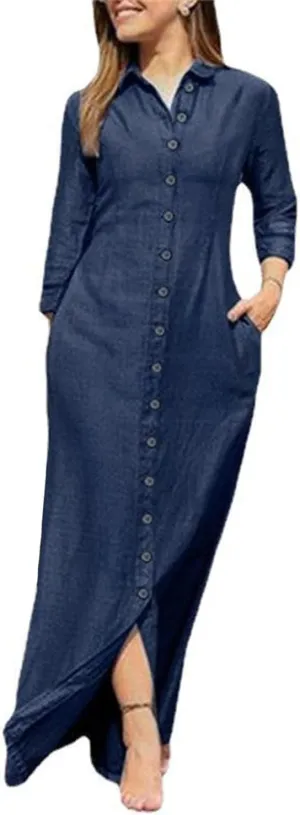 Long Sleeve Cotton Linen Maxi Shirt Dress for Women Loose Casual Lapel Collar Button Up Flowy Long Dress with Pockets