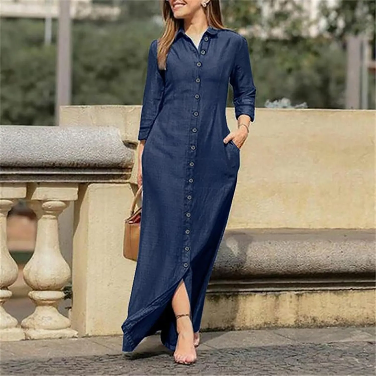 Long Sleeve Cotton Linen Maxi Shirt Dress for Women Loose Casual Lapel Collar Button Up Flowy Long Dress with Pockets
