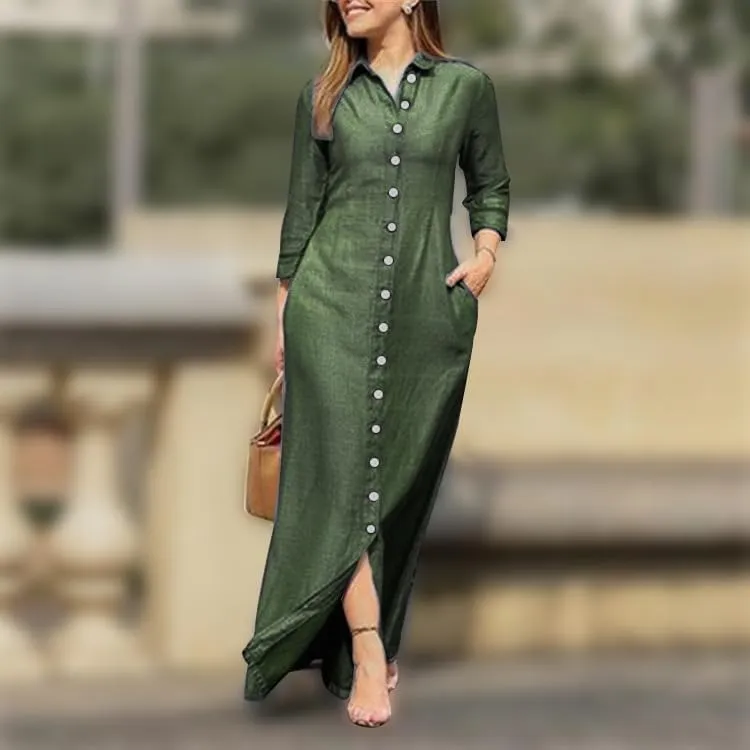 Long Sleeve Cotton Linen Maxi Shirt Dress for Women Loose Casual Lapel Collar Button Up Flowy Long Dress with Pockets