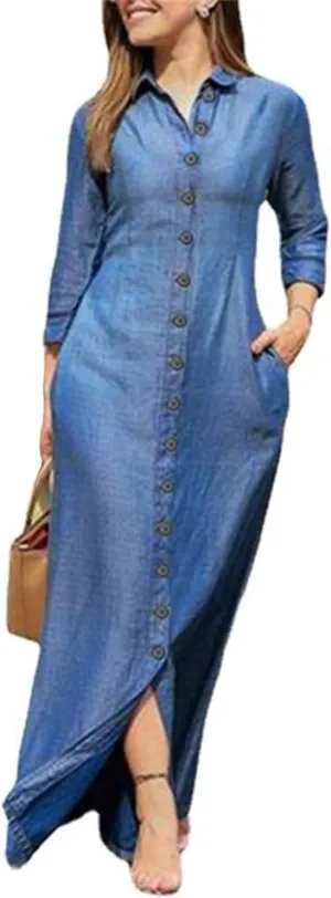 Long Sleeve Cotton Linen Maxi Shirt Dress for Women Loose Casual Lapel Collar Button Up Flowy Long Dress with Pockets