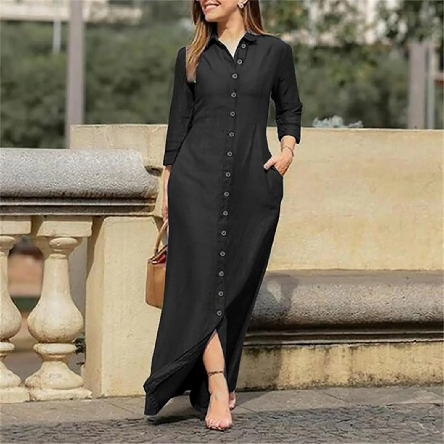 Long Sleeve Cotton Linen Maxi Shirt Dress for Women Loose Casual Lapel Collar Button Up Flowy Long Dress with Pockets