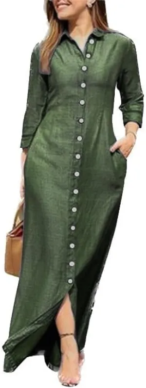 Long Sleeve Cotton Linen Maxi Shirt Dress for Women Loose Casual Lapel Collar Button Up Flowy Long Dress with Pockets