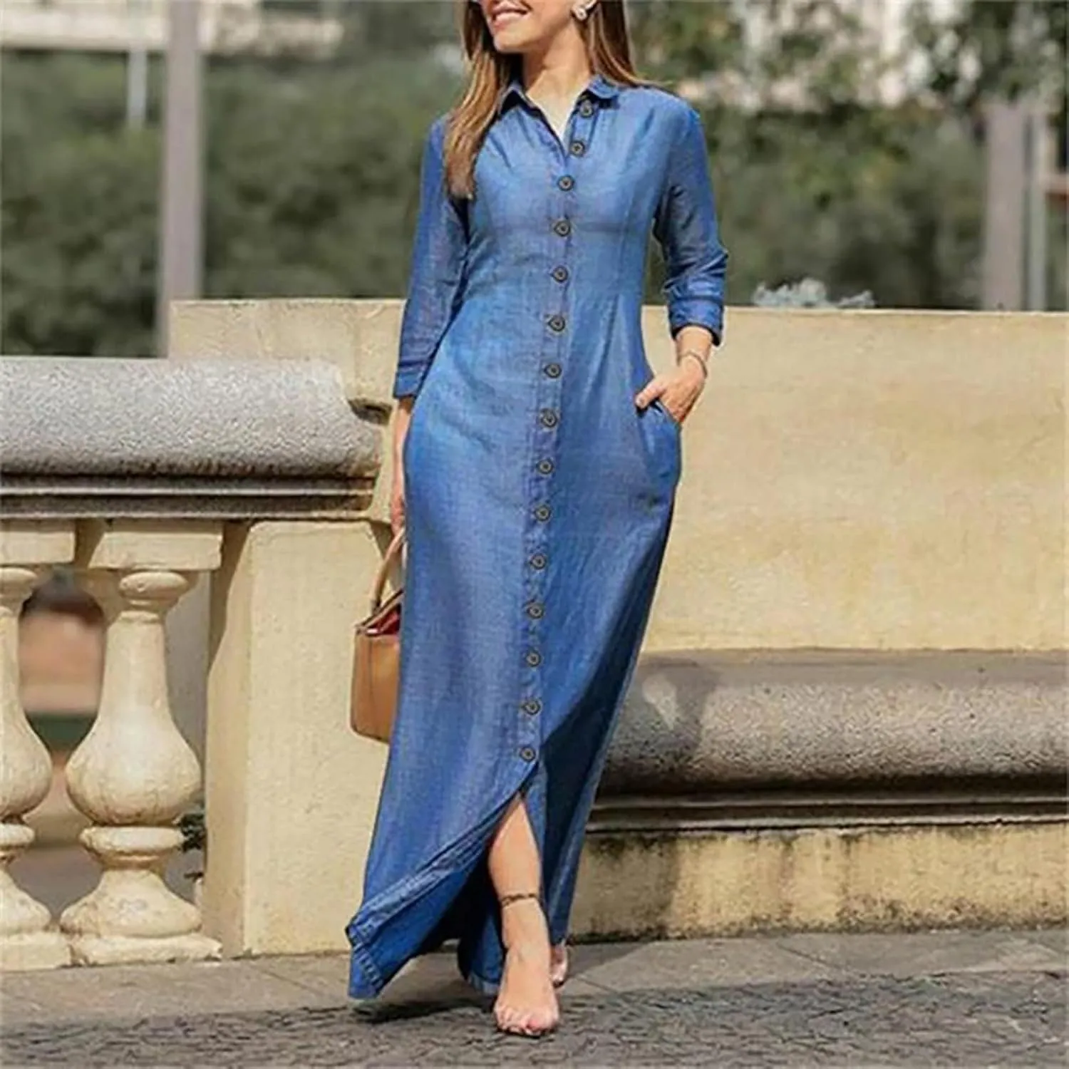 Long Sleeve Cotton Linen Maxi Shirt Dress for Women Loose Casual Lapel Collar Button Up Flowy Long Dress with Pockets