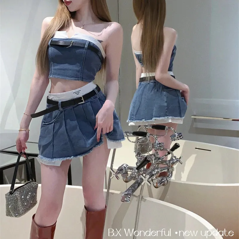 LVSANW Fashion American Retro Y2K Sexy Denim Suits Women Strapless Mini Top  Pleated Mini Skirt Vintage Beach Two Pieces S