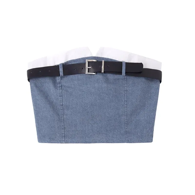 LVSANW Fashion American Retro Y2K Sexy Denim Suits Women Strapless Mini Top  Pleated Mini Skirt Vintage Beach Two Pieces S