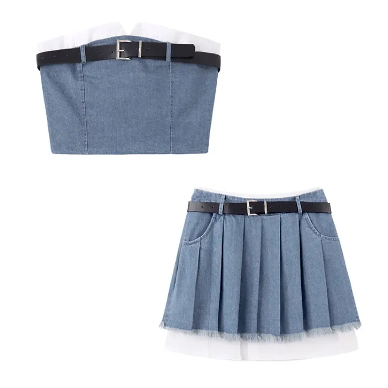LVSANW Fashion American Retro Y2K Sexy Denim Suits Women Strapless Mini Top  Pleated Mini Skirt Vintage Beach Two Pieces S