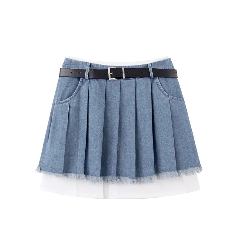 LVSANW Fashion American Retro Y2K Sexy Denim Suits Women Strapless Mini Top  Pleated Mini Skirt Vintage Beach Two Pieces S