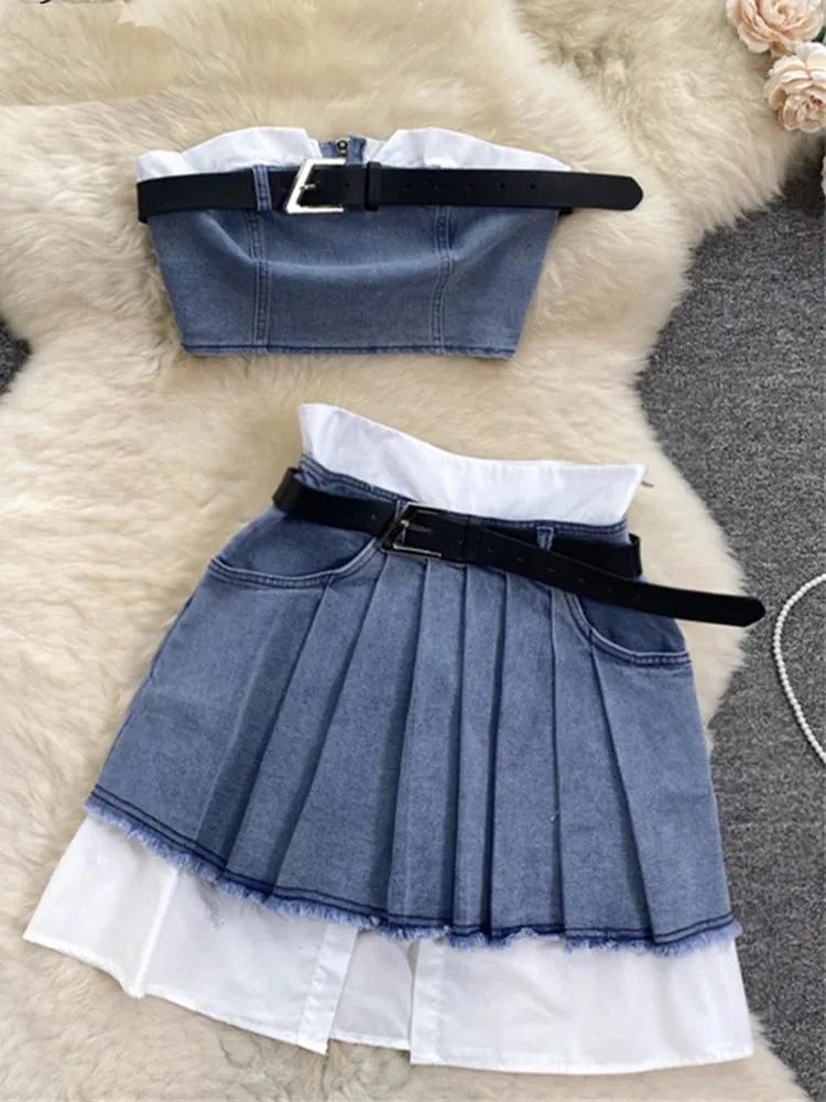 LVSANW Fashion American Retro Y2K Sexy Denim Suits Women Strapless Mini Top  Pleated Mini Skirt Vintage Beach Two Pieces S
