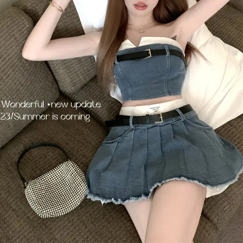 LVSANW Fashion American Retro Y2K Sexy Denim Suits Women Strapless Mini Top  Pleated Mini Skirt Vintage Beach Two Pieces S