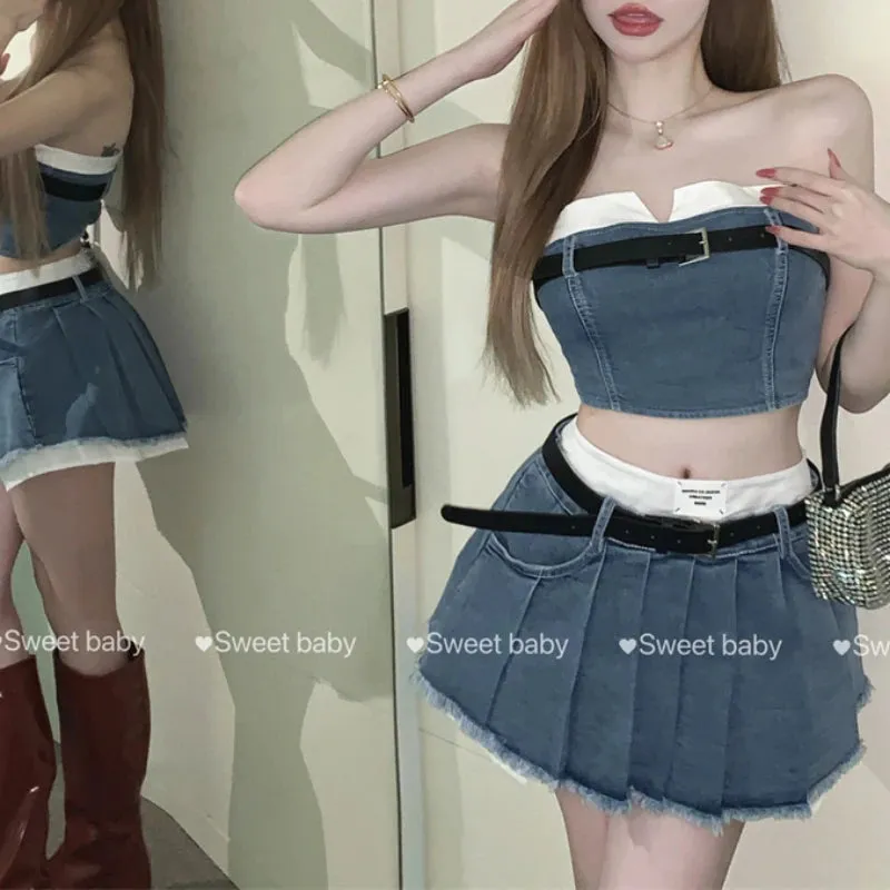 LVSANW Fashion American Retro Y2K Sexy Denim Suits Women Strapless Mini Top  Pleated Mini Skirt Vintage Beach Two Pieces S