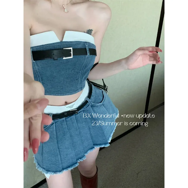 LVSANW Fashion American Retro Y2K Sexy Denim Suits Women Strapless Mini Top  Pleated Mini Skirt Vintage Beach Two Pieces S