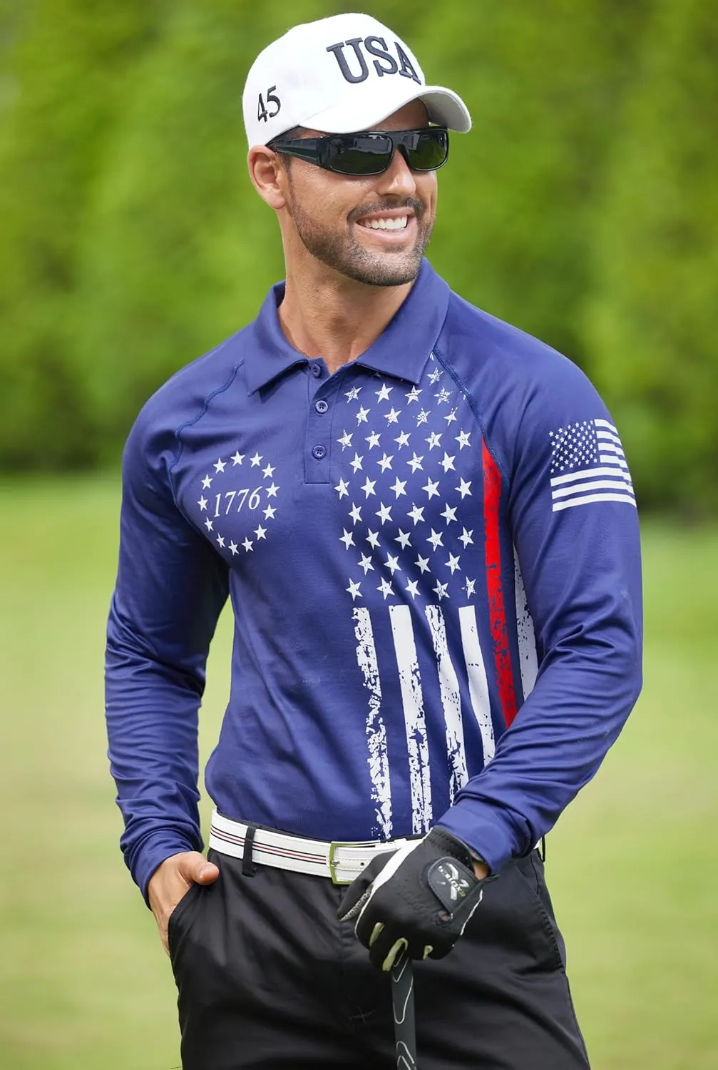 Mainfini Men's Long Sleeve 1776 Golf Shirt USA Flag Graphic Button Polo Shirt (S-3XL)