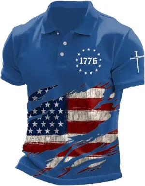 Men's American Flag Cross Print 1776 Polo Shirt 4Th of July T-Shirt