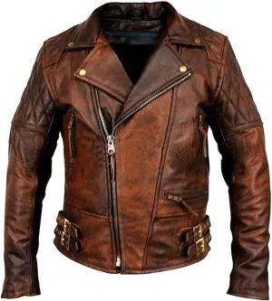 Mens Biker Motorcycle Vintage Distressed Brown Winter Leather Jacket Medium