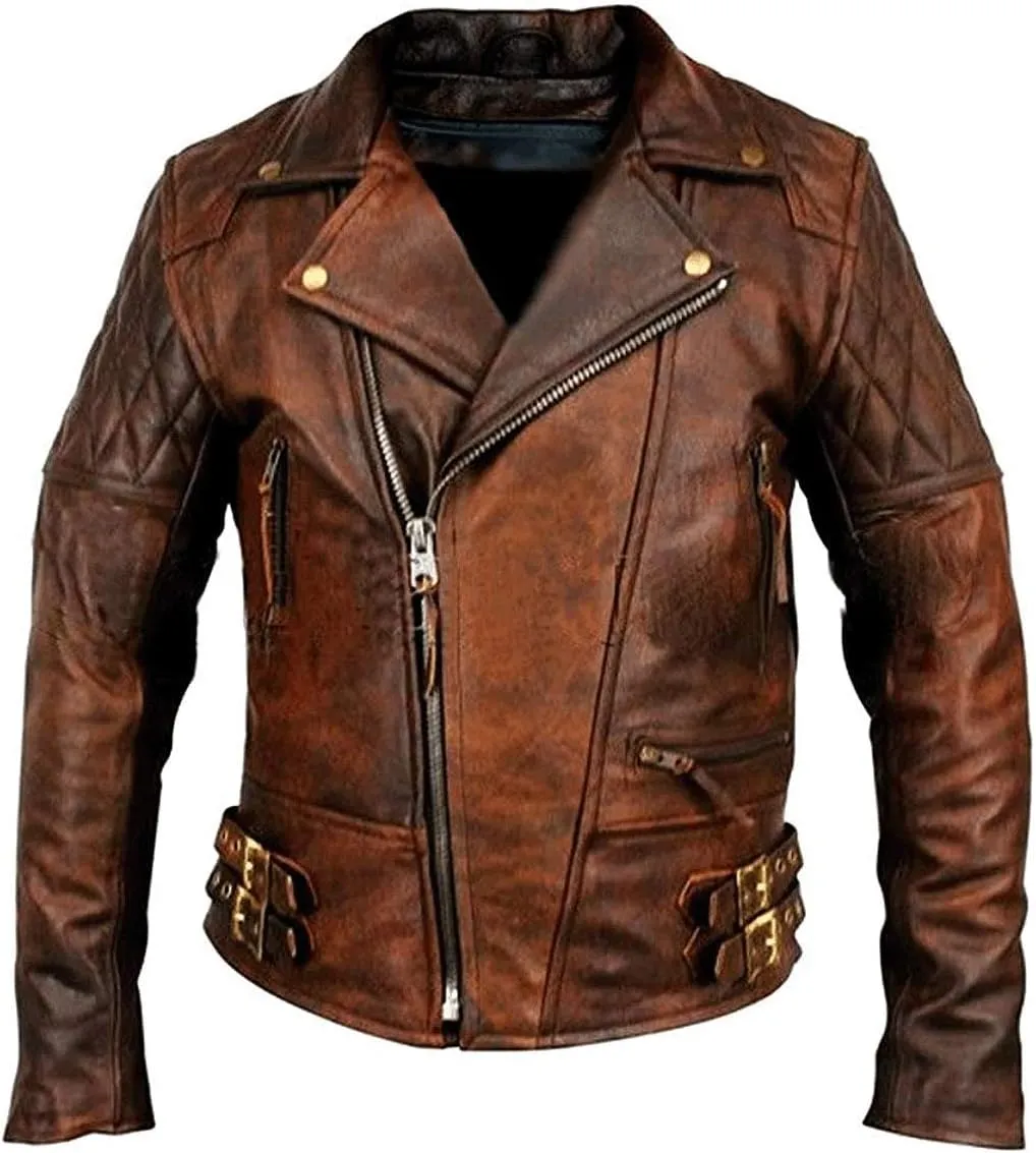 Mens Biker Motorcycle Vintage Distressed Brown Winter Leather Jacket Medium