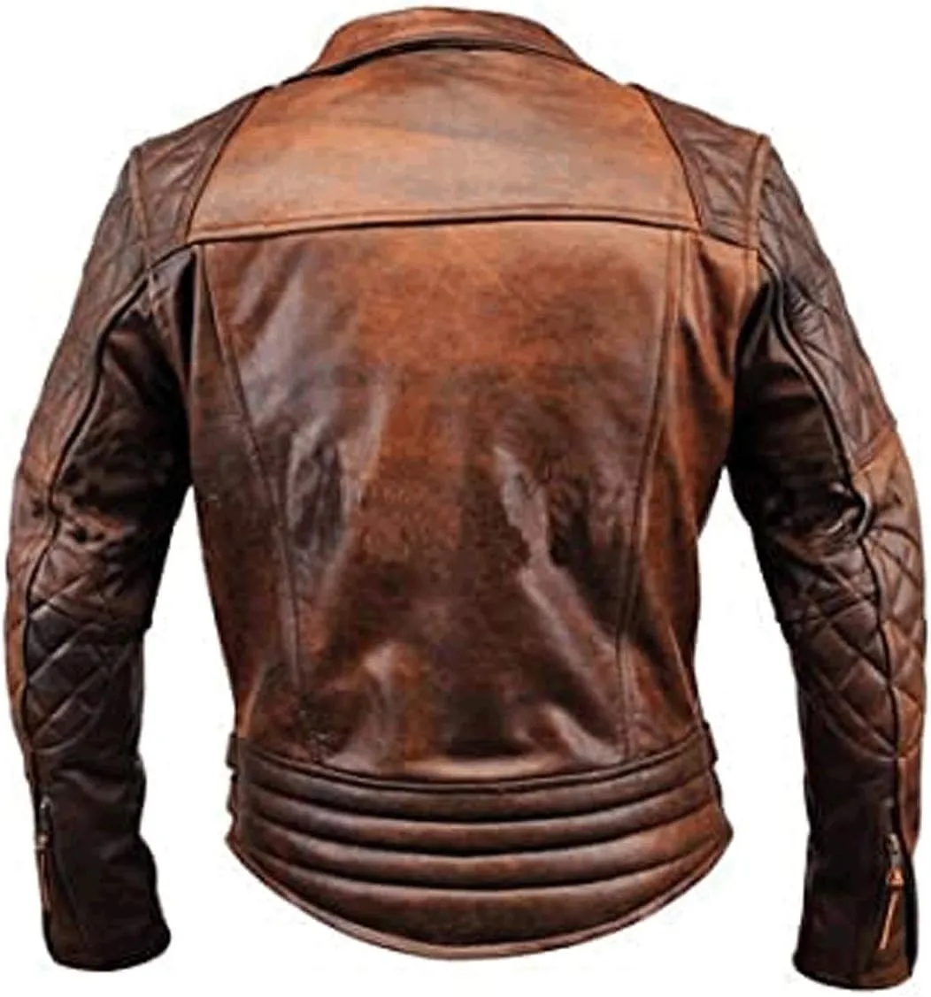 Mens Biker Motorcycle Vintage Distressed Brown Winter Leather Jacket Medium