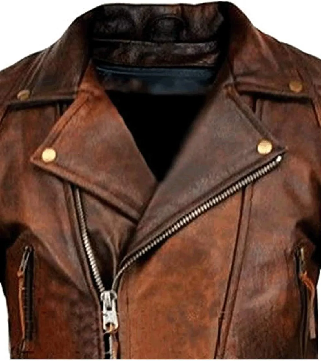 Mens Biker Motorcycle Vintage Distressed Brown Winter Leather Jacket Medium